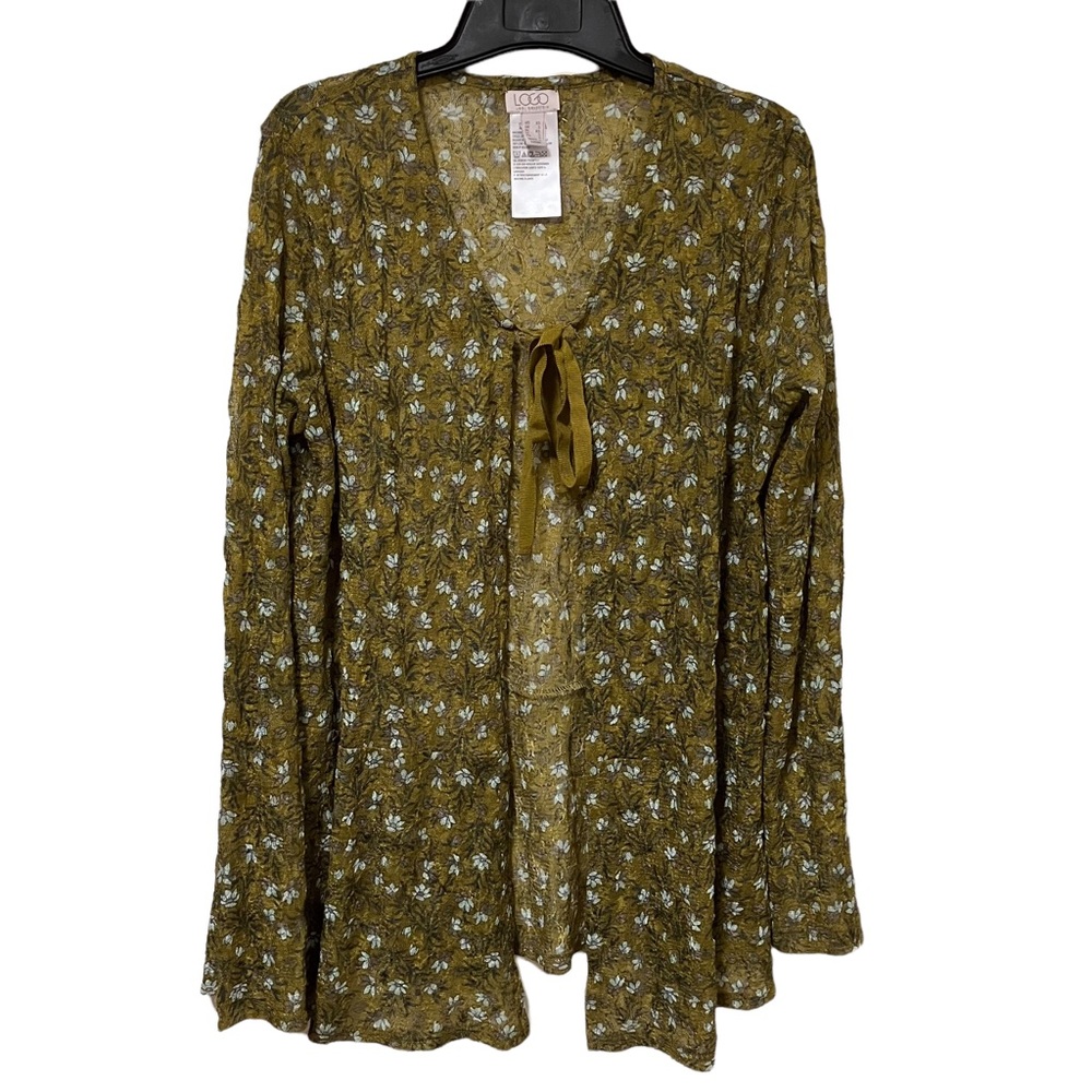 LOGO by Lori Goldstein Printed Sheer Lace Cardigan with Tie Olive